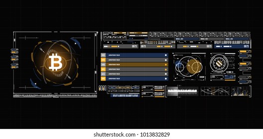 Bitcoin technology abstract visualization. Futuristic aesthetic design. Bitcoin background with HUD elements. Futuristic user interface ellements for web an app.