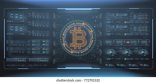 Bitcoin technology abstract visualization. Futuristic aesthetic design. Bitcoin background with HUD elements. Futuristic user interface ellements for web an app.