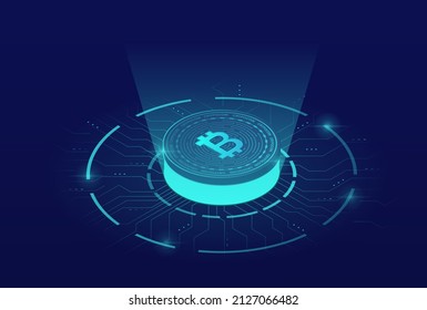 Bitcoin technology concept. Digital world and modern technologies, online programming and coding. Money, coins and currency, security of transactions on Internet. Cartoon flat vector illustration