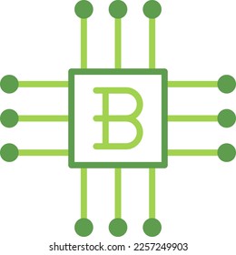 Bitcoin technology icon with green duotone style. Computing, diagram, download, file, folder, graph, laptop . Vector illustration