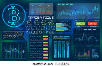 Bitcoin Technology Visualization. Futuristic aesthetic design. Bit Coin (BTC) Background with HUD Elements - Illustration Vector