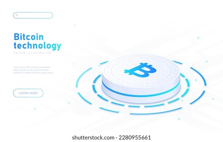Banner blanco de tecnología de bitcoin. Criptodivisa y tecnología blockchain. Seguridad y protección de datos en Internet. Diseño de página de inicio. Ilustración vectorial isométrica de dibujos animados