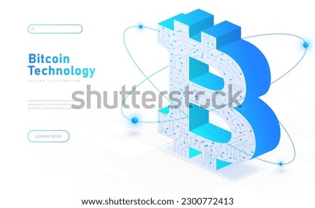 Bitcoin technology white banner. Cryptocurrency and blockchain technology. Landing page, poster for website. Trading and investment, electronic transactions. Cartoon isometric vector illustration