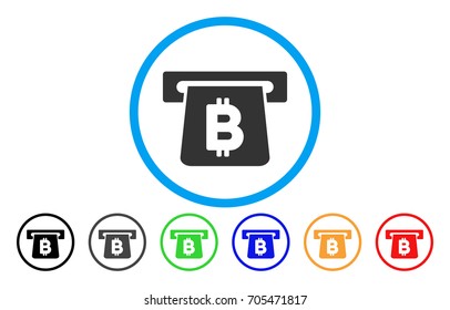 Bitcoin Terminal vector rounded icon. Image style is a flat gray icon symbol inside a blue circle. Bonus color versions are grey, black, blue, green, red, orange.
