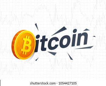 Bitcoin text, golden bitcoin on grey grungy background.