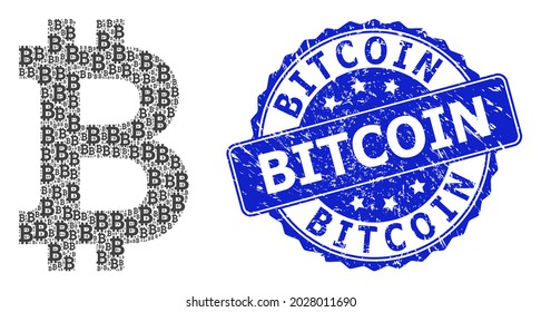 Bitcoin textured round stamp seal and vector fractal collage bitcoin. Blue stamp seal includes Bitcoin tag inside circle shape. Vector collage is formed from scattered bitcoin items.