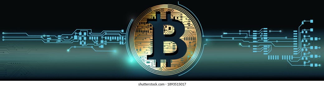 Bitcoin theme design. Bitcoin digital cryptocurrency in circuit board style. Vector Illustration