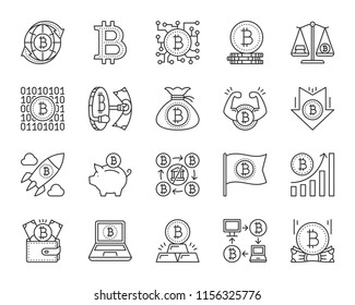 Bitcoin thin line icon set. Outline web sign kit of crypto currency. Digital money linear icons of flag coin, mining, cryptography. Simple bitcoin black contour symbol isolated vector Illustration