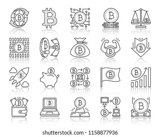 Bitcoin thin line icon set. Outline web sign kit of crypto currency. Digital money linear icons payment blockchain, chip scales, piggy bank. Simple bitcoin black contour symbol vector Illustration