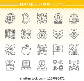 Bitcoin thin line icons set. Outline web sign kit of crypto currency. Digital money linear icons includes gold bar, purse cash, graph up. Editable stroke without fill. Bitcoin simple vector symbol