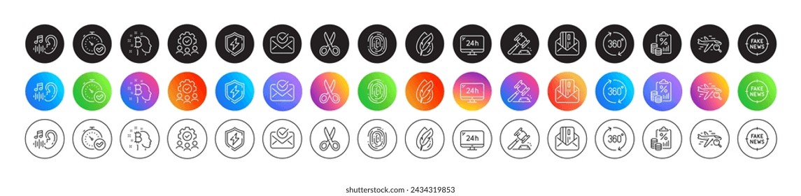 Bitcoin think, 360 degrees and Teamwork line icons. Round icon gradient buttons. Pack of Approved mail, Tax document, Fast verification icon. 24h service, Auction hammer, Fake news pictogram. Vector