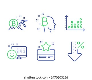Bitcoin think, Dot plot and Smile line icons set. Loyalty card, Bitcoin mining and Low percent signs. Cryptocurrency head, Presentation graph, Positive feedback. Bonus points. Technology set. Vector