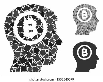 Bitcoin thinking head composition of unequal items in different sizes and color tinges, based on Bitcoin thinking head icon. Vector tuberous items are composed into composition.