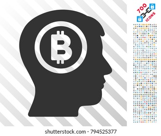 Bitcoin Thinking Head icon with 700 bonus bitcoin mining and blockchain pictographs. Vector illustration style is flat iconic symbols design for bitcoin websites.