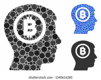 Bitcoin thinking head mosaic of circle elements in various sizes and color tones, based on Bitcoin thinking head icon. Vector circle elements are organized into blue collage.