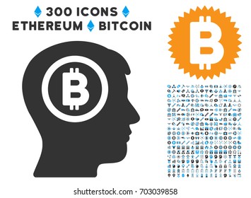 Bitcoin Thinking Head pictograph with 300 blockchain, cryptocurrency, ethereum, smart contract pictograms. Vector icon set style is flat iconic symbols.