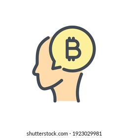 Bitcoin thoughts color line icon. Head with speech bubble and bitcoin vector outline colorful sign.