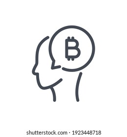 Icono de línea de pensamientos de bitcoin. Cabeza con burbuja de habla y símbolo de contorno del vector de bitcoin.