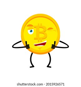 Bitcoin thumbs up and winks. Cryptocurrency happy emoji. joyful Vector illustration