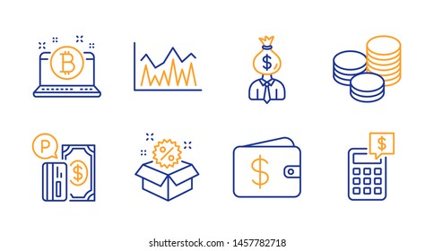 Bitcoin, Tips and Dollar wallet line icons set. Sale, Investment and Parking payment signs. Manager, Calculator symbols. Cryptocurrency laptop, Cash coins. Finance set. Line bitcoin icon. Vector