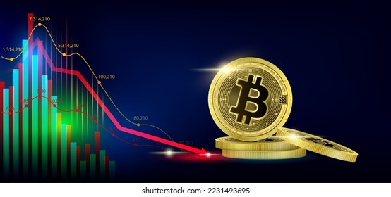Bitcoin token cryptocurrency. Future currency on blockchain stock market with red arrow pointing down. Gold coins crypto currencies. Banner for news on a solid background. 3D Vector EPS10.