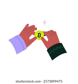 Bitcoin token held by two hands symbolizing cryptocurrency exchange and blockchain transactions, isolated flat vector illustration for digital finance, fintech, and crypto trading