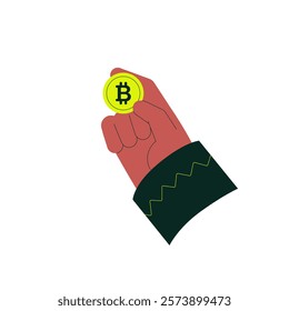 Bitcoin token held in hand symbolizing cryptocurrency and blockchain, isolated flat vector illustration