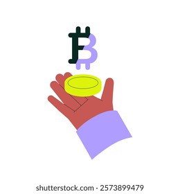 Bitcoin token logo held in hand symbolizing cryptocurrency and blockchain technology, isolated flat vector illustration for digital currency, fintech, and online financial transactions