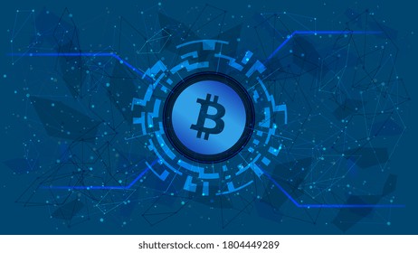 Símbolo de símbolo (token) de bitcoin en un círculo digital con un tema de criptodivisa en un fondo azul. Icono de moneda de BTC. Oro digital para sitio web o banner. Copiar espacio. EPS10 vectores.