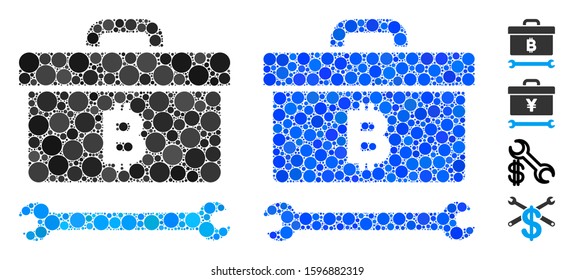 Bitcoin toolbox mosaic of filled circles in various sizes and color tones, based on Bitcoin toolbox icon. Vector random circles are grouped into blue mosaic.