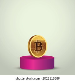 bitcoin. top crypto coin banner for facebook and twitter post . Crypto currency golden bitcoin symbol isolated on light green background with 3d round stage. Bitcoin BTC Cryptocurrency Coin. 