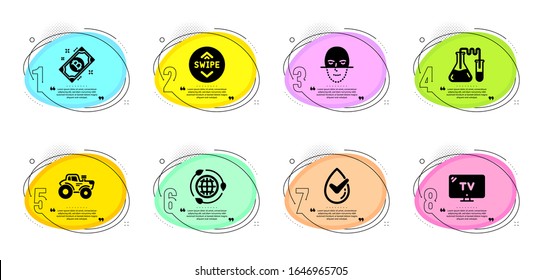 Bitcoin, Tractor and Tv signs. Timeline infographic. Dermatologically tested, Eco energy and Chemistry lab line icons set. Swipe up, Face recognition symbols. Organic, Ecology. Technology set. Vector