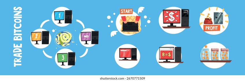 Bitcoin Trade e Blockchain Crowdfunding com conjunto de vetor de computador