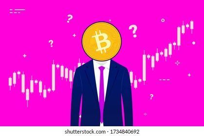 Bitcoin Trader - Anonymer Mann mit Anzug und Münze vor dem Gesicht. Handelsdiagramm im Hintergrund und Fragezeichen, die umherfliegen. Kryptowährung, Tageshandel und technische Analyse. Illustration.