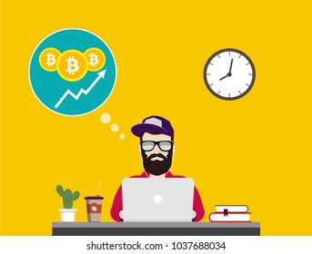 Bitcoin trader behind laptop