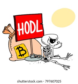 Bitcoin trader holding hist bitcoins for a very long time. Skeleton Bitcoin Trader. HODL. Bitcoin trader with bag full of bitkoins under the sun.