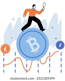 Bitcoin-Händler Mann läuft auf Chart und Graph. Handelsdiagramm im Hintergrund und Kryptowährungssymbole fliegen herum. Elektronisches Geld, Tageshandel und technische Analyse. Devisenhandel-Konzept