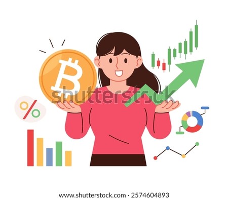 Bitcoin trader and price rise graph. Cryptocurrency concept vector illustration.