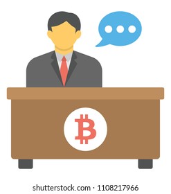 Bitcoin trader speaking while sitting on a working desk with bitcoin stamp over it expressing the concept of performing bitcoin trading
