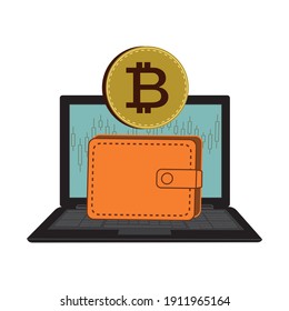 Bitcoin trading concept, laptop and wallet with bitcoin symbol, flat design, icon, vector illustration.