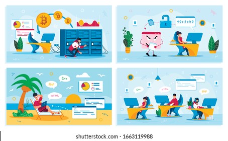 Bitcoin Trading, Distance Work, Online Security, Startup Team, Trendy Flat Vector Concepts Set. Autónomo en la playa, Robo de datos troyanos, propietario de granja minera, ilustración de trabajo en equipo de desarrolladores web