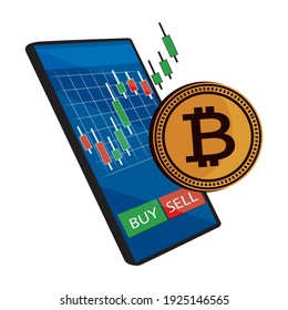 Intercambio de bitcoin en la aplicación móvil, concepto criptodivisa, ilustración vectorial, diseño plano.
