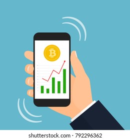 Bitcoin trading graph up displayed on smartphone screen vector illustration