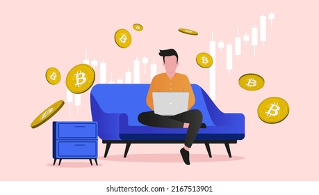 Intercambio de bitcoin en casa - Hombre sentado en un sofá usando una laptop que mira las monedas criptográficas. Ilustración vectorial de diseño plano