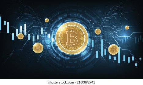Bitcoin trading market data chart on dark blue background.Financial growth and Investing design concept.Cryptocurrency trading. Bitcoin Logo and defocused chart background.