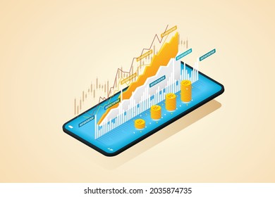 Bitcoin comercializando en teléfonos inteligentes con inversión en criptografía en línea. creciente índice financiero y bolsas de valores. ilustración vectorial isométrica.