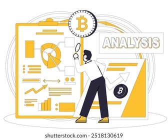 Ilustración vectorial de comercio de Bitcoin. La criptomoneda, la revolución financiera, introduce la economía descentralizada, reconfigurando los modelos de negocios tradicionales La inversión, la prosperidad de las semillas, crece en suelos fértiles