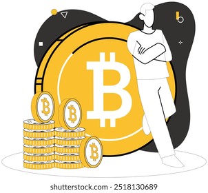 Bitcoin trading vector illustration. Currency, chameleon, adapts its colors in ever-changing landscape Bitcoin trading and financial markets Digital, brushstroke, paints masterpiece financial