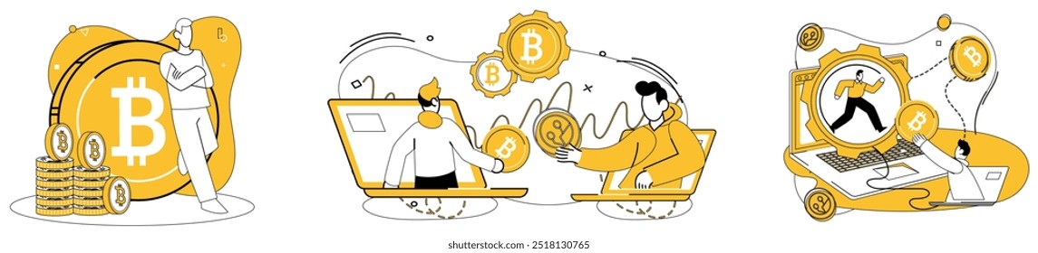 Bitcoin trading vector illustration. E-commerce, marketplace, witnesses digital revolution as Bitcoin becomes preferred currency trade Internet, gateway, opens doors to borderless world Bitcoin