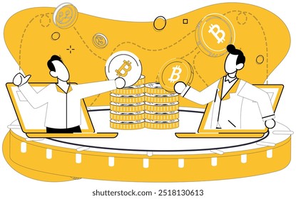 Bitcoin trading vector illustration. Exchange, marketplace, becomes vibrant ecosystem where Bitcoin and other cryptocurrencies find their value Economy, ecosystem, thrives in fertile soil blockchain